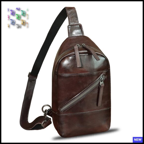 Handbags - Genuine Leather Sling Backpack Retro Vintage Crossbody Bag Adjustable Strap